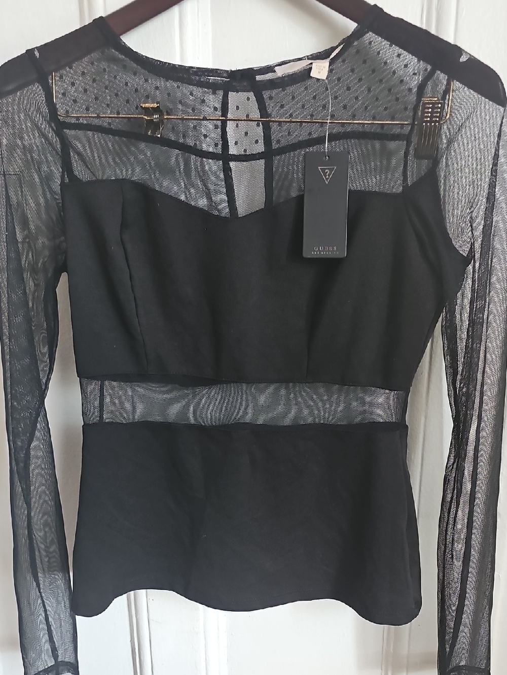 GUESS Black Sheer Mesh Paneled Long Sleeve Top